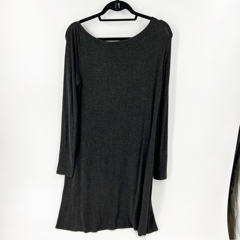 ✅ Eileen Fisher Jersey Knit Midi Dress Womens SMALL Long Sleeve Thumb Holes Gray
